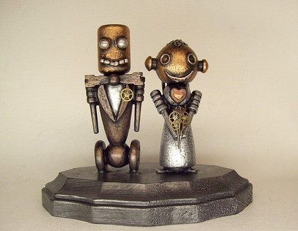 Robot Bride and Groom Wedding Cake Topper Wood Statues with Base